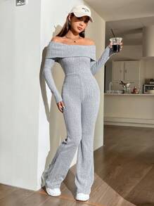 SHEIN EZwear Off Shoulder Foldover Front Flare Leg Jumpsuit - Grey - View 3