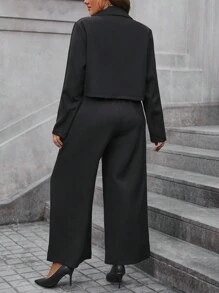 Calvaya 大碼女性黑色短西裝外套&闊腿褲套裝