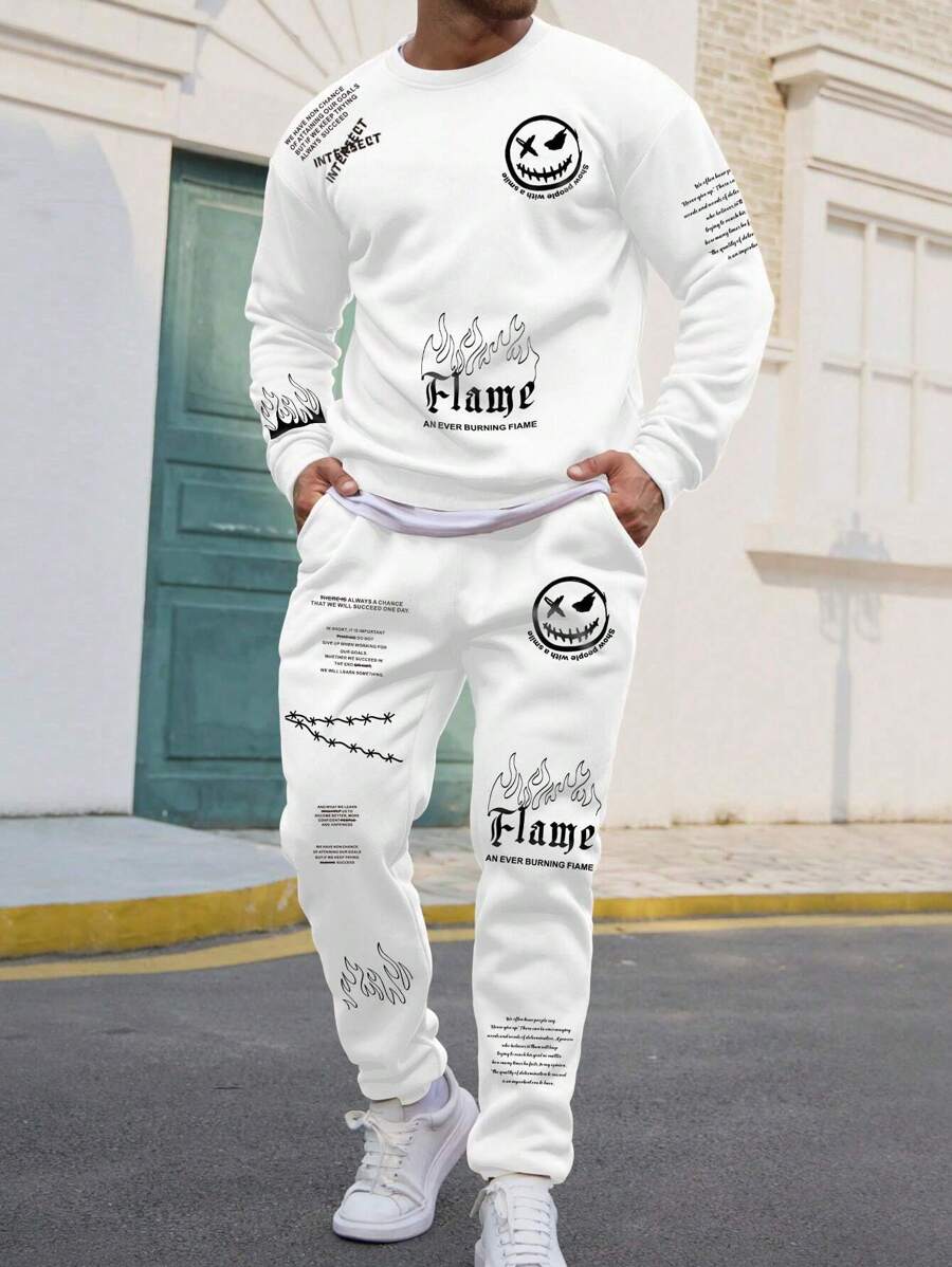 Manfinity EMRG 男士火焰卡通印花圓領落肩袖運動衫和抽繩腰部口袋慢跑褲 - 白色 - 查看 1
