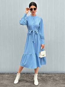 SHEIN Privé Vestido Azul Con Dobladillo Con Volantes Y Manga Larga Para Mujer