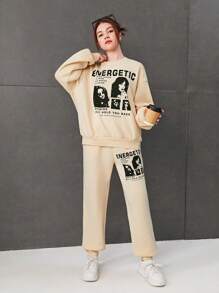 SHEIN 青少年女孩字母圖案落肩保暖襯裡套頭衫和運動褲