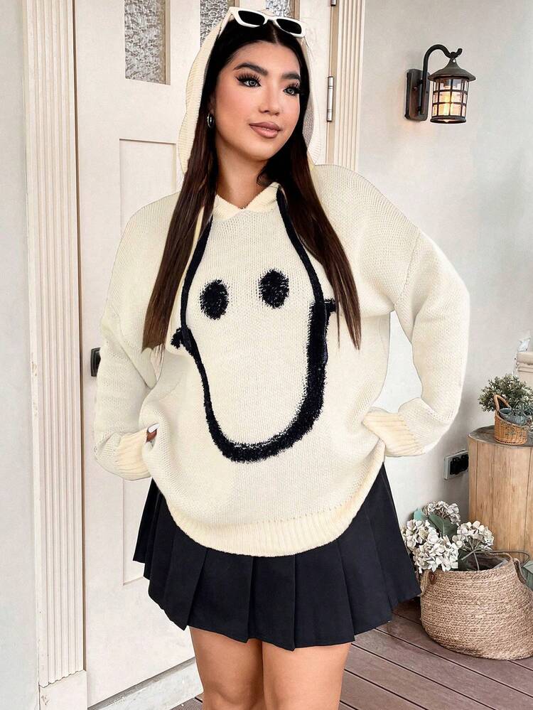 Plus Size Cartoon Face Pattern Hooded Sweater Knit Pullover Fall Winter Sweater
