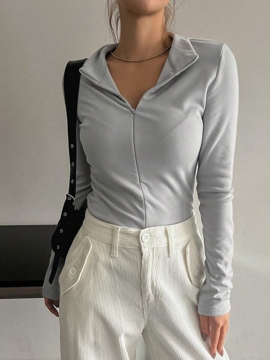 DAZY Của phụ nữ Dây kéo mặt trước Áo thun - Xám - Xem 1