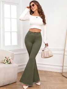 SHEIN Frenchy Frilled Bottom Solid Color Flare Jeans For Women - Army Green - View 6