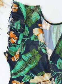 Swim Lushoire Summer Beach Tropical Printed V-Neck Ruffle Hem Cover Up - Multicolor - View 6