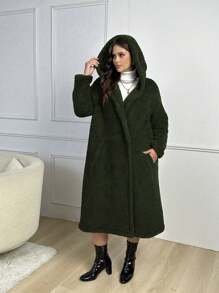 Plus Size Double-breasted Hooded Plush Coat With Slanted Pockets - Army Green - View 4