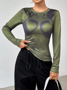 SHEIN LUNE Women's Thermal Sensitive Printing T-Shirt Fall Cloth For Women - Army Green - View 3