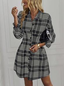 SHEIN Clasi Plaid Single Breasted Dress - Black - View 5