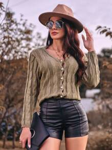 Aveloria Women's Long Sleeve Cable Knitted Cardigan With Button Front Fall Cloth For Women - Khaki - View 1