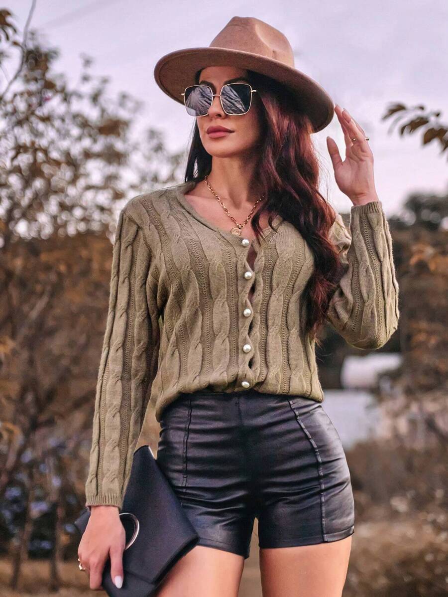 Aveloria Women's Long Sleeve Cable Knitted Cardigan With Button Front Fall Cloth For Women - Khaki - View 1