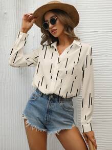 SHEIN Frenchy Women's Linear Pattern Long Sleeve Shirt - Apricot - View 1