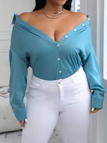 SHEIN Unity Plus Solid Button Front Shirt - Cadet Blue - View 1