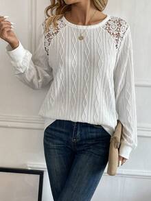 SHEIN LUNE Lace Patchwork Raglan Sleeve Sweatshirt - White - View 6