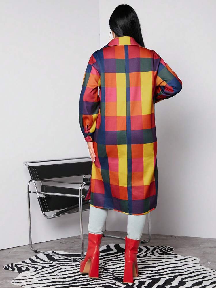 Women'S New Year Dopamine Color Plaid Printed Overcoat