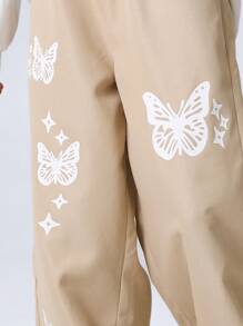 SHEIN Tween Girl Butterfly Printed Wide Leg Pants - Khaki - View 3