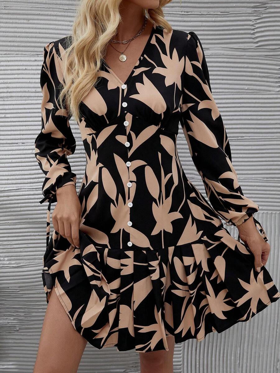 EMERY ROSE Women's Printed Button Front Dress - Black - View 1