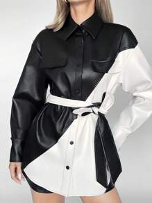 BizChic Của phụ nữ Tương phản Thắt lưng Da giả Áo khoác - Đen và trắng - Xem 3
