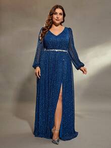 Plus Size Women V-Neck Lantern Sleeve Ruched Bust, Metallic Waist Band Sequins Split A-Line Maxi Dress - Blue - View 3