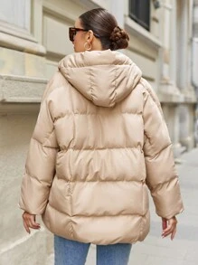 SHEIN Cottnline Chaquetas Acolchadas Con Capucha Y Doble Bolsillo Para Mujer - Beis - Ver 2