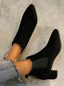 Women's Chelsea Short Boots, Pointed Toe Slip-on Low Chunky Heel Shoes, Comfortable Suede Ankle Boots - Black - View 1