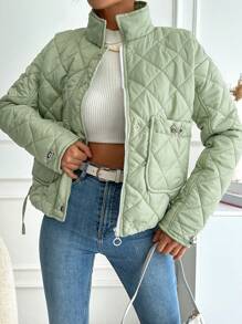 EURMUSE Chaqueta Acolchada De Color Sólido Con Bolsillos De Parche Con Cordón De Decoración - Verde - Ver 1