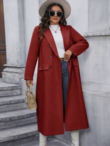 Calvaya Plus Size Red Double Breasted Mid-Length Coat - Burgundy - View 4