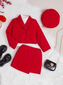 SHEIN 年輕女孩雙排扣西裝外套、裙子和帽子 - 紅色 - 查看 3