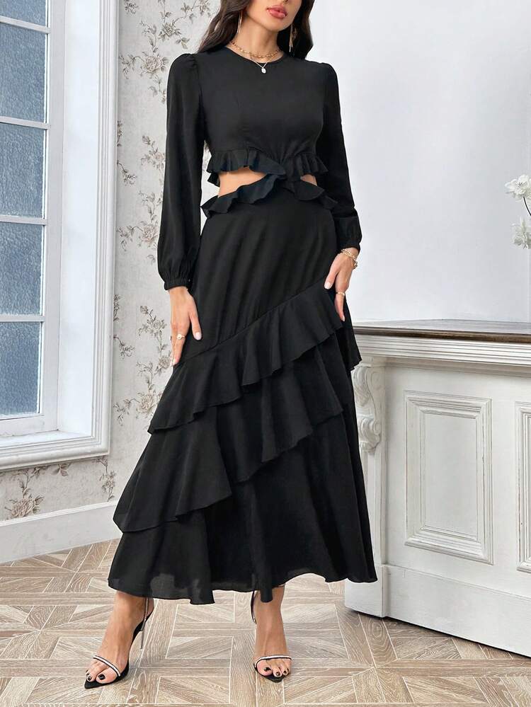 Hollow Out Waist Multi-layer Ruffled Edge Dress