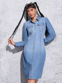 SHEIN EZwear Women's Denim Shirt Dress With Flap Pockets - Medium Wash - View 3