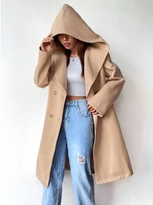 SHEIN EZwear Áo khoác trùm đầu hai hàng khuy cho nữ - Màu be - Xem 5