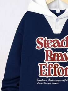 SHEIN 青少年男孩标语图案撞色滚边保暖内衬卫衣 - 藍色 - 查看 3