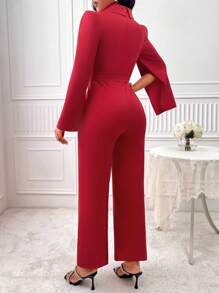 Lapel Neck Split Sleeve Belted Jumpsuit - Red - View 2