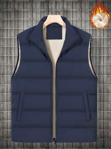 Manfinity Homme 1pc Men's Thermal Lined Zipper Vest Coat In Loose Fit, For Golf, Men Vest, Men Winter Vest, Blue Vest Men - Navy Blue - View 3