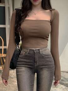 DAZY Solid Square Neck Crop Ribbed Tee,Fall Women Clothes