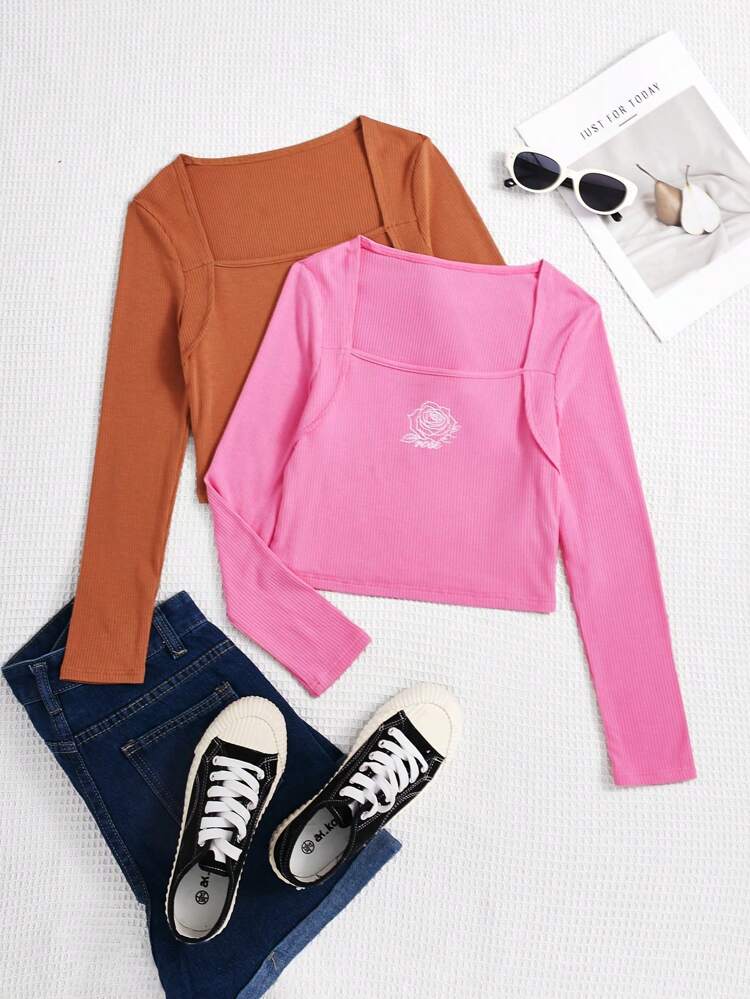 Tween Girls' Knitted Flower Pattern Square Collar Casual T-Shirt 2pcs/Set