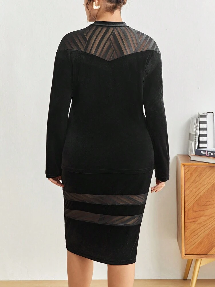 Plus Contrast Mesh Velvet Top & Skirt Without Belt