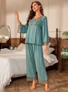 女士刺繡網眼上衣和長褲睡衣套裝 - 綠色 - 查看 5