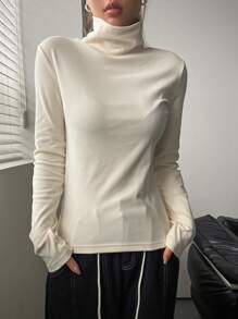 DAZY 女式立领打底 T 恤长袖女上衣，秋季女装高领衫 - 米色 - 查看 3