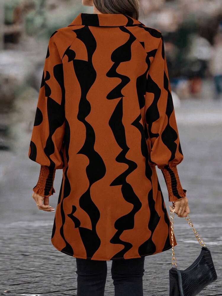 Allover Print Flounce Sleeve High Low Hem Blouse Fall Cloth For Women