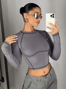 SHEIN ICON Top-stitching Crop Tee - Grey - View 3
