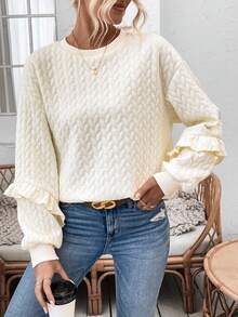 SHEIN Essnce Women's Round Neck Drop Shoulder Sweatshirt With Back Button Design - Apricot - View 3