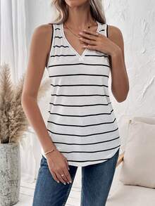 SHEIN LUNE Của phụ nữ Sọc Cổ chữ V Áo vest - Đen và trắng - Xem 4