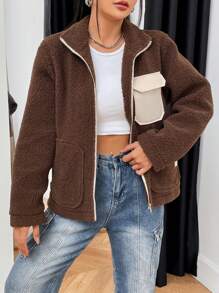 SHEIN Unity Flap Pocket Zip Up Teddy Jacket - Brown - View 6
