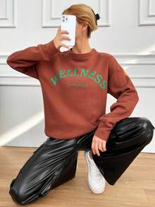 SHEIN Cottnline Đứng cổ áo Tiếng Anh In thư Thả vai Tay áo Áo nỉ - màu nâu - Xem 4