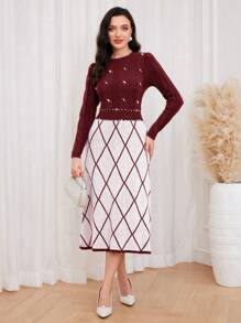 Modelyn Pearl, Beaded, Rhinestone Detail Cable Knitted Sweater Dress In Check Pattern - Red and White - View 6
