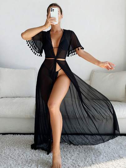 SHEIN Swim Summer Beach Women's Fringe Sleeve Open Sleeve High Side Split Cover Up