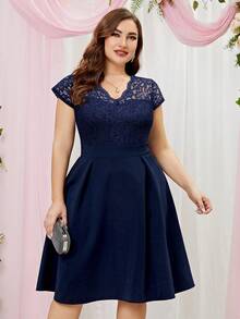 MIUSOL Plus Contrast Floral Lace Panel Flared Hem Cocktail Party Swing Dress - Navy Blue - View 6