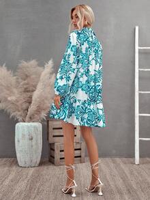 SHEIN Frenchy All-over Printed Lantern Sleeve Blouse Dress With Ruffled Hem For Women - Blue - View 2