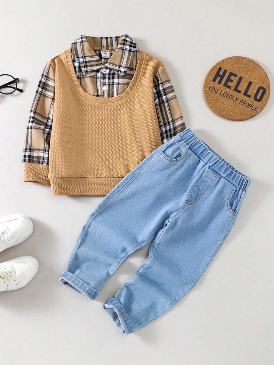 SHEIN Con trai Kẻ sọc Vá lại Áo nỉ Và Quần jean Bộ - Nhiều màu - Xem 1