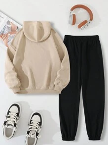 SHEIN EZwear Dây rút Áo nỉ có mũ Và Quần thể thao Bộ - Màu be - Xem 2